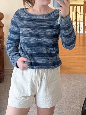 Joe Fresh Blue Knit Sweater Lightweight Crochet Stripe Long Sleeve XS Boho Coast